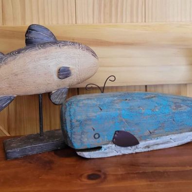 Folk Art Style Fish on Stand & Whale, Made of Wood